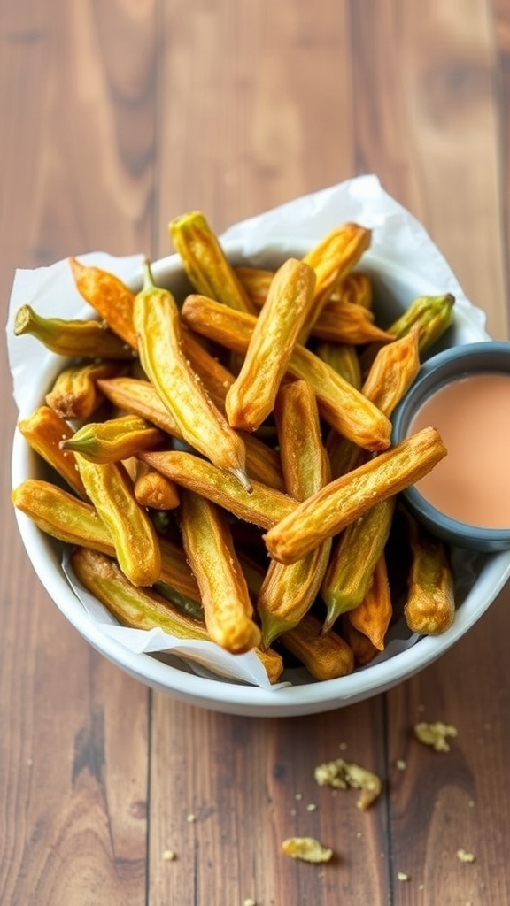 Crispy Air Fryer Frozen Okra Fries Recipe Crispy air fryer okra fries served with dipping sauce on a wooden table.